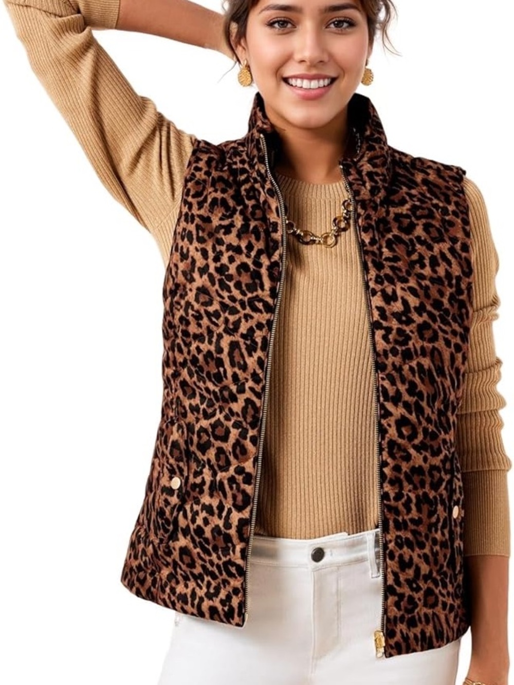 Calvin Klein Leopard Print Quilted Vest in Brown/Black